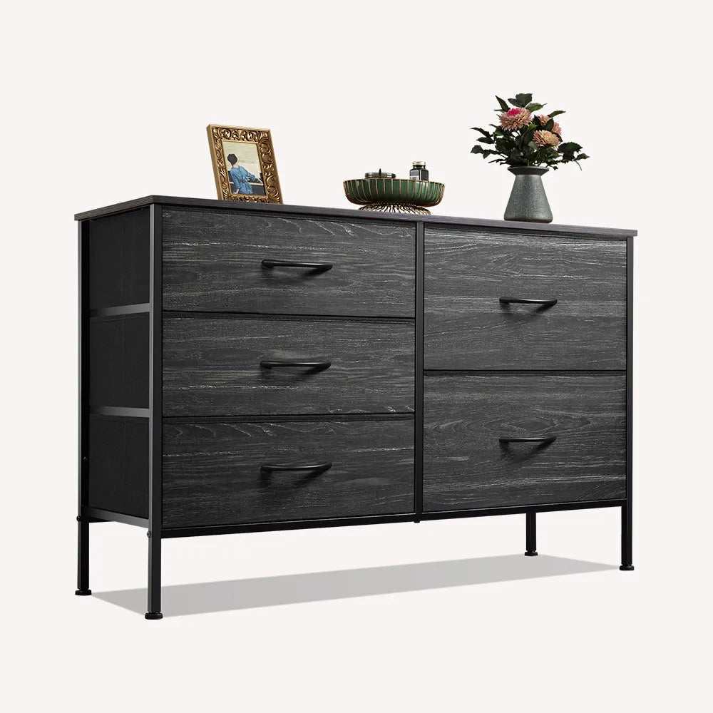 Charcoal black wood grain print minimalist fabric 5-drawer large storage dresser