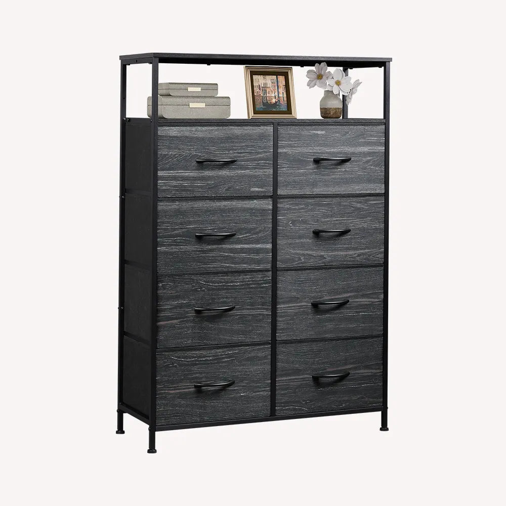 Charcoal black wood grain print tall 8-drawer fabric storage dresser with open shelves