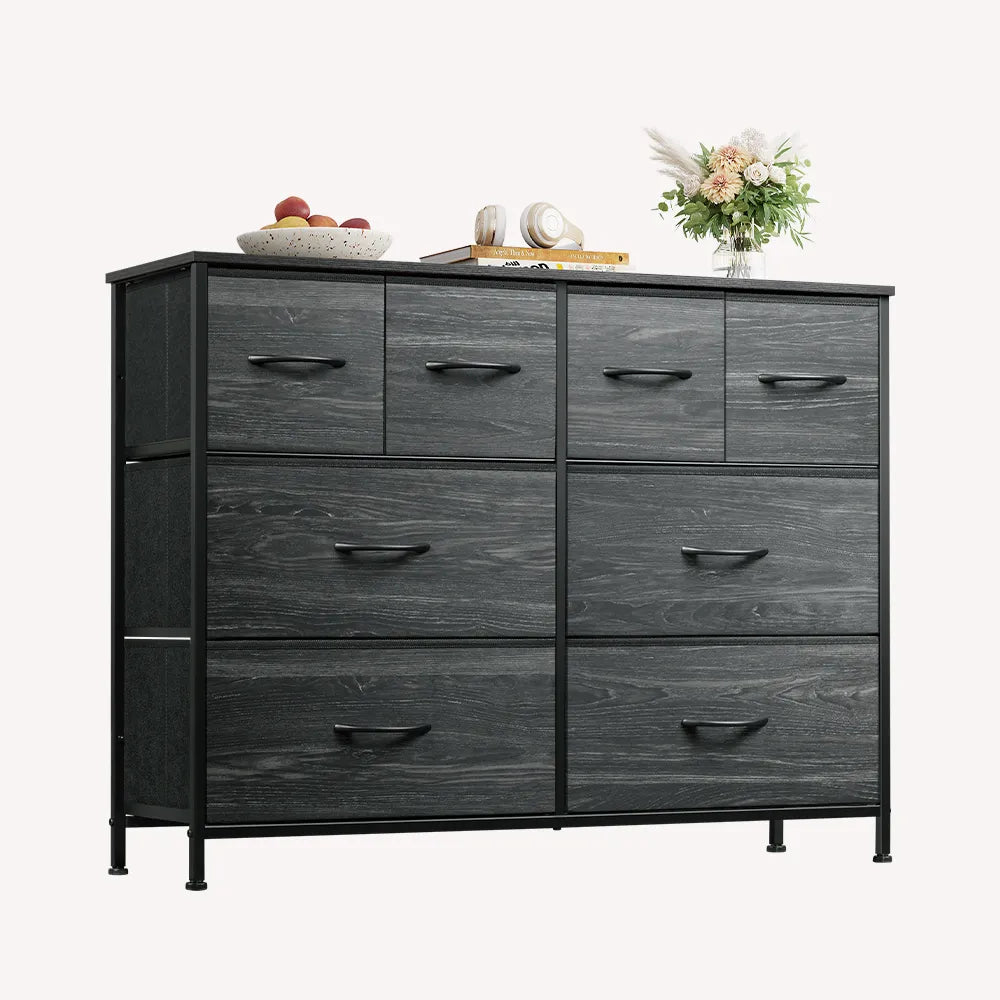 WLIVE Minimalist Wide 8-Drawer Storage Fabric Dresser in Charcoal Black Wood Grain