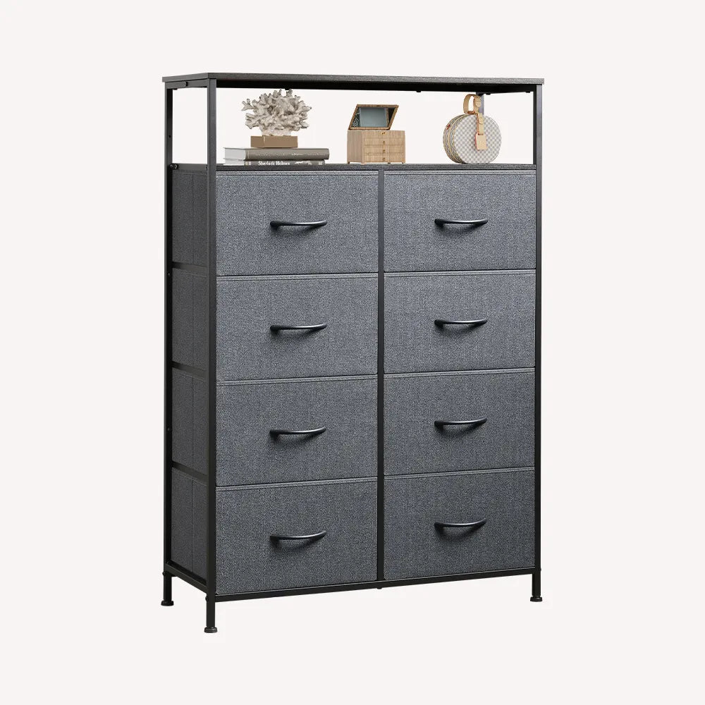 Dark grey tall 8-drawer fabric storage dresser with open shelves
