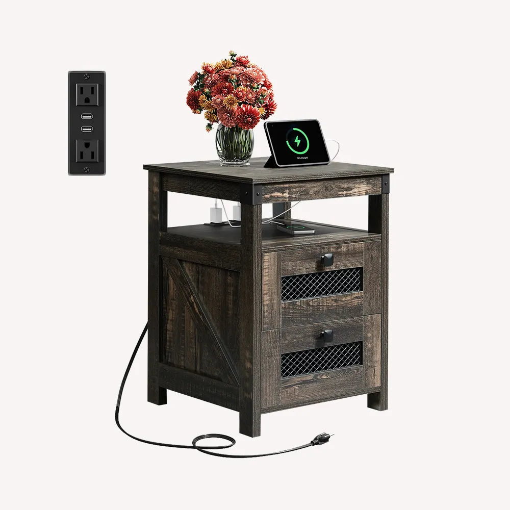 Dark Rustic Oak WLIVE Farmhouse 2 Drawer Wood Nightstand with Charging Station