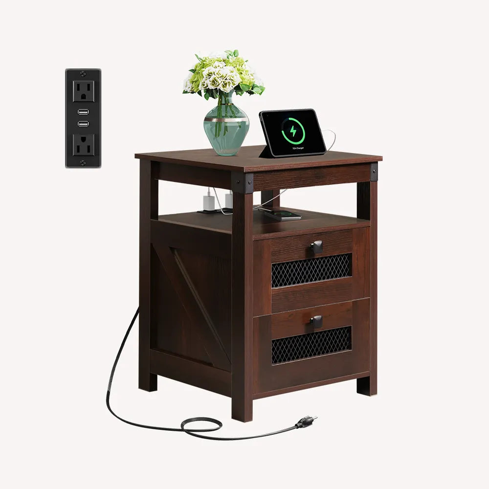 Espresso WLIVE Farmhouse 2 Drawer Wood Nightstand with Charging Station