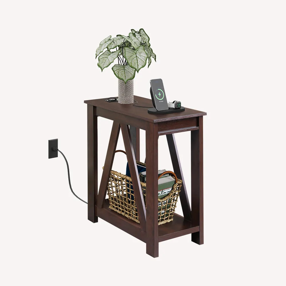 Espresso WLIVE Farmhouse Narrow 2-Tier Side Table with Charging Station