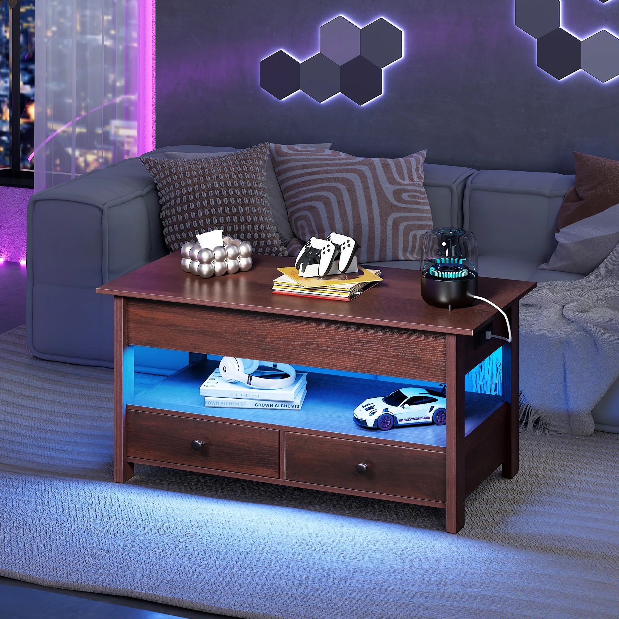 WLIVE Lift Top Coffee Table with 2 Drawers and LED light
