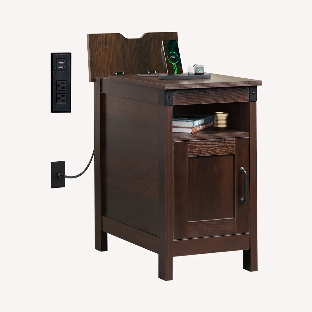Espresso WLIVE Narrow Vintage Charging Side Table with Cabinet