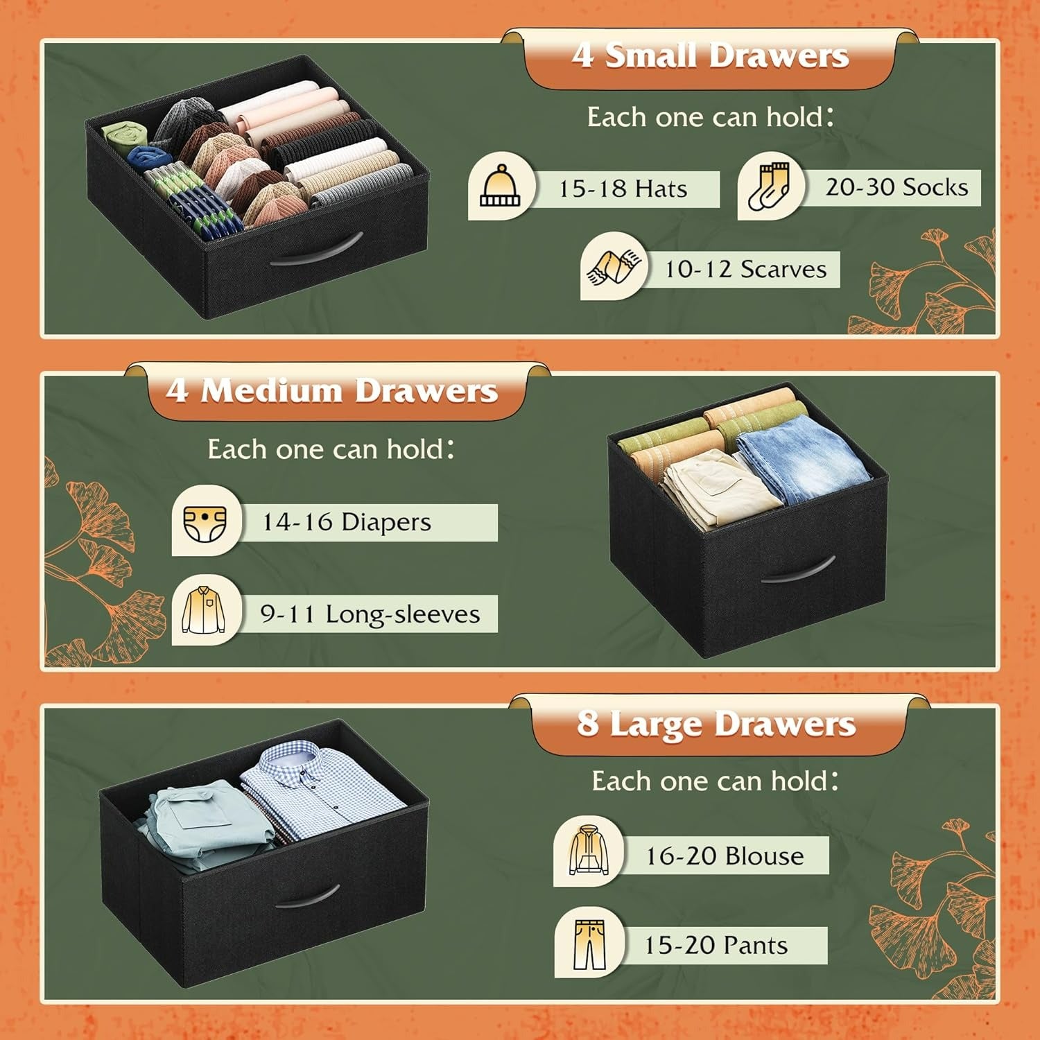 WLIVE 16-drawer fabric storage dresser drawer size and storage