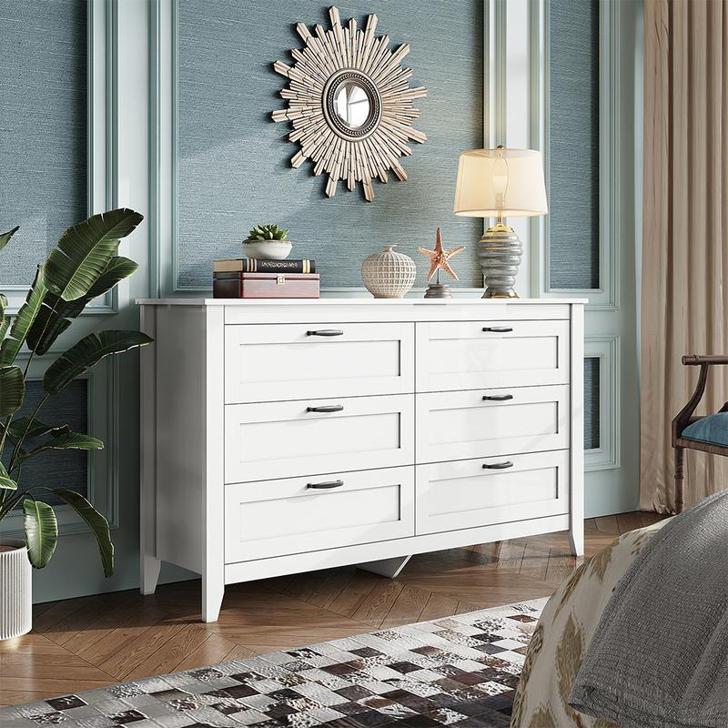 WLIVE Wide 6-Drawer Minimalist Vintage Wood Dresser in living room
