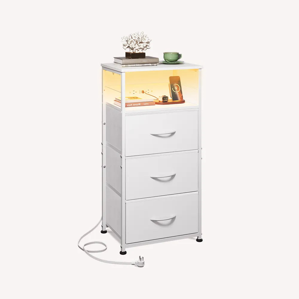 WLIVE Fabric 3-Drawer LED Nightstand with Charging Station