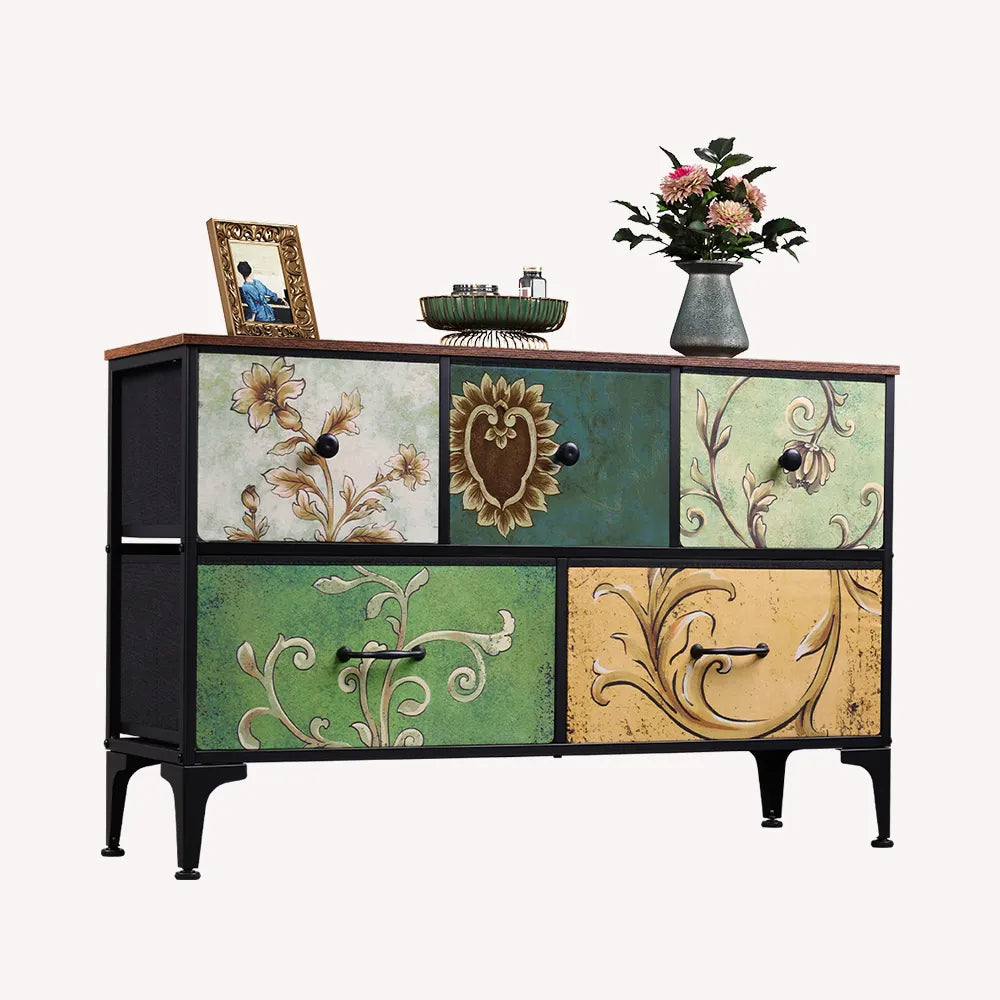 WLIVE 5-drawer fabric dresser with floral painted design