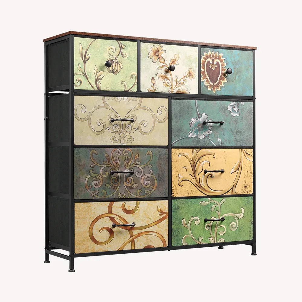 WLIVE Floral Painted Minimalist Tall 9-Drawer Storage Fabric Dresser