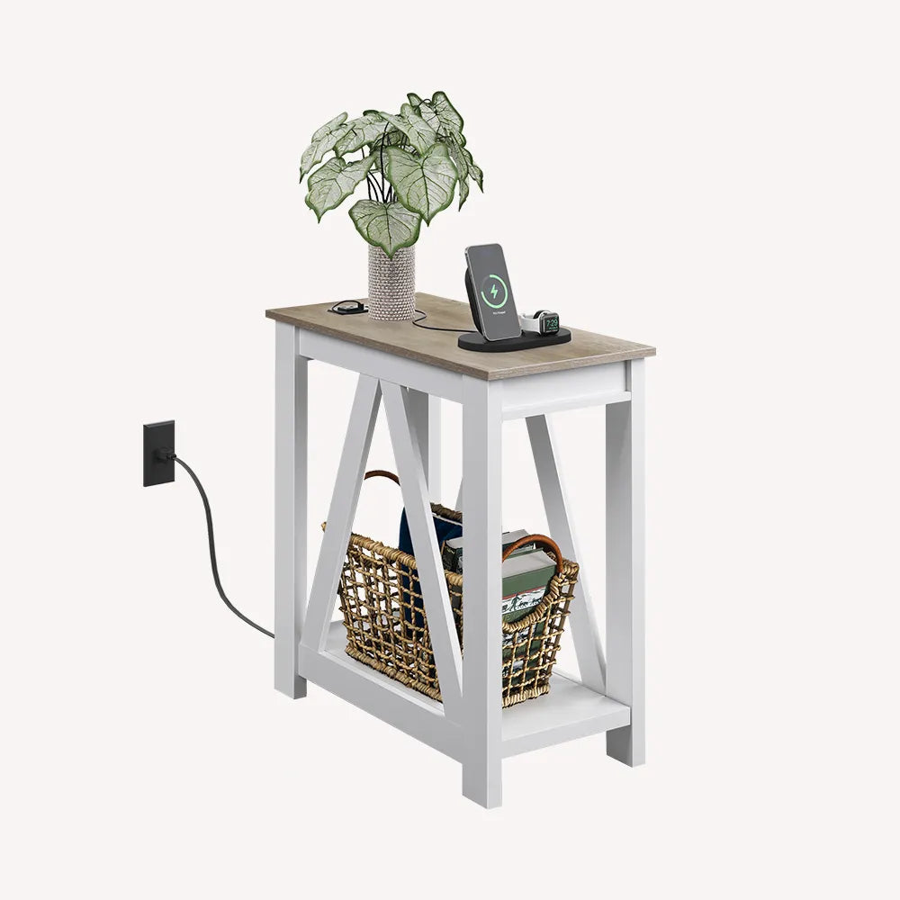 Greige WLIVE Farmhouse Narrow 2-Tier Side Table with Charging Statio