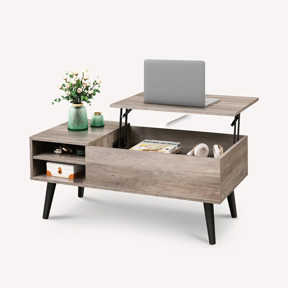 Greige WLIVE Mid Century Modern Wood Lift Top Coffee Table with bookshelves
