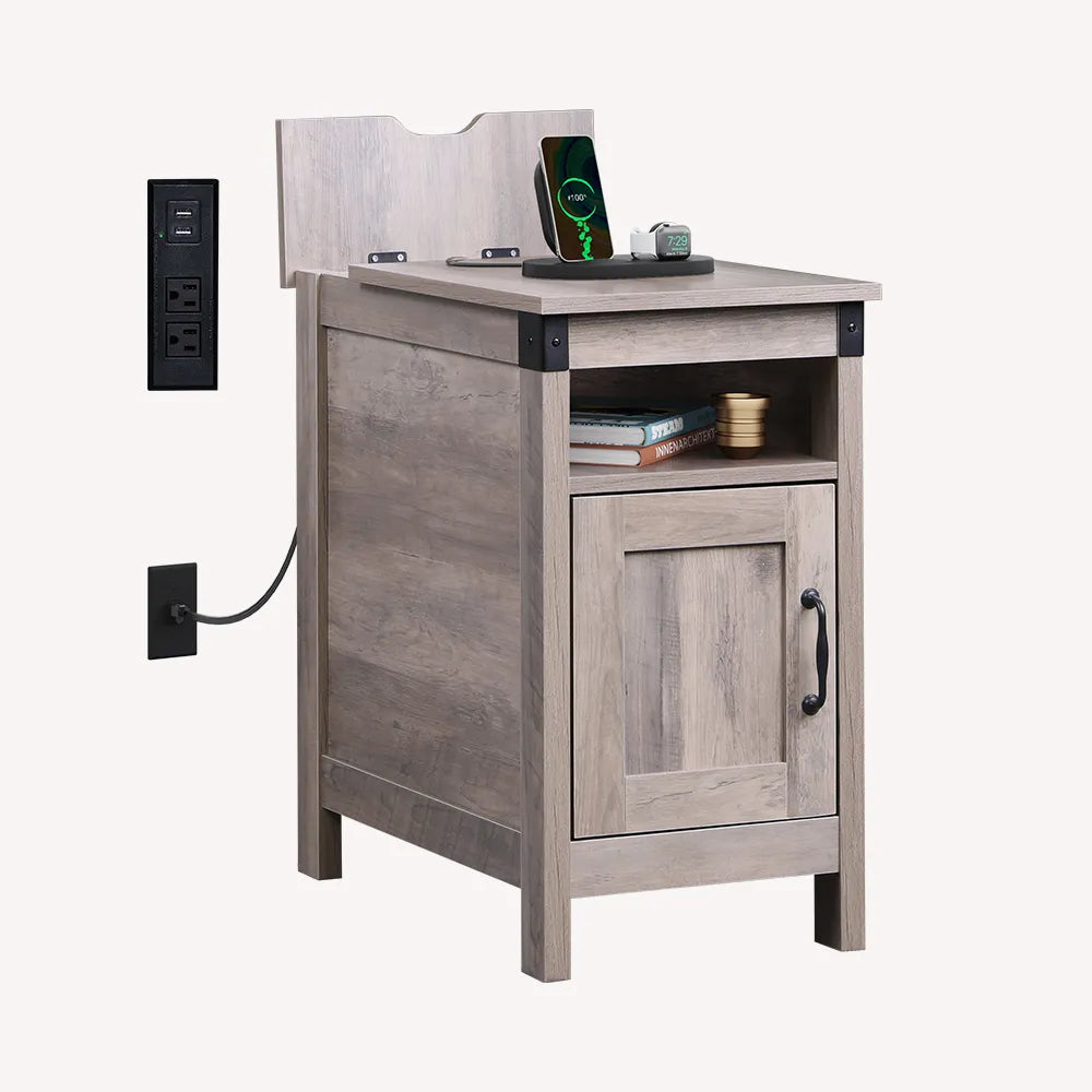 Greige WLIVE Narrow Vintage Charging Side Table with Cabinet