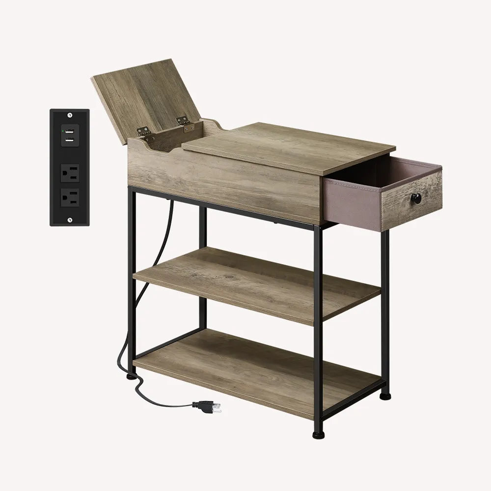 Greige WLIVE Small Wood Storage Side Table with Charging Station
