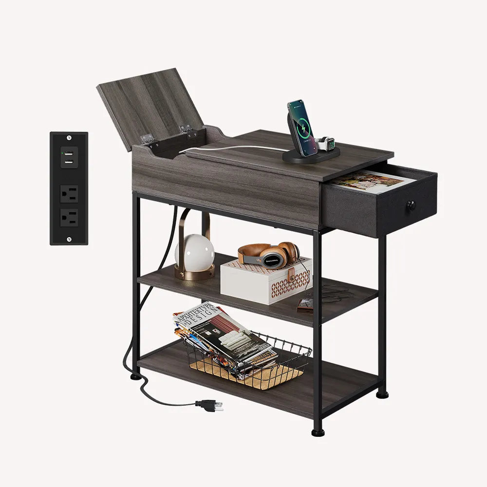 Grey WLIVE Small Wood Storage Side Table with Charging Station