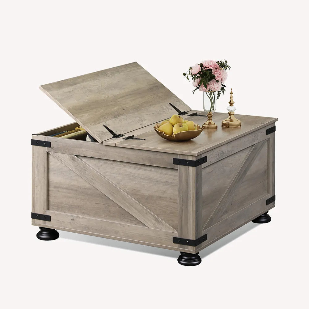 Grey WLIVE Square Wood Farmhouse Coffee Table with Flip Top