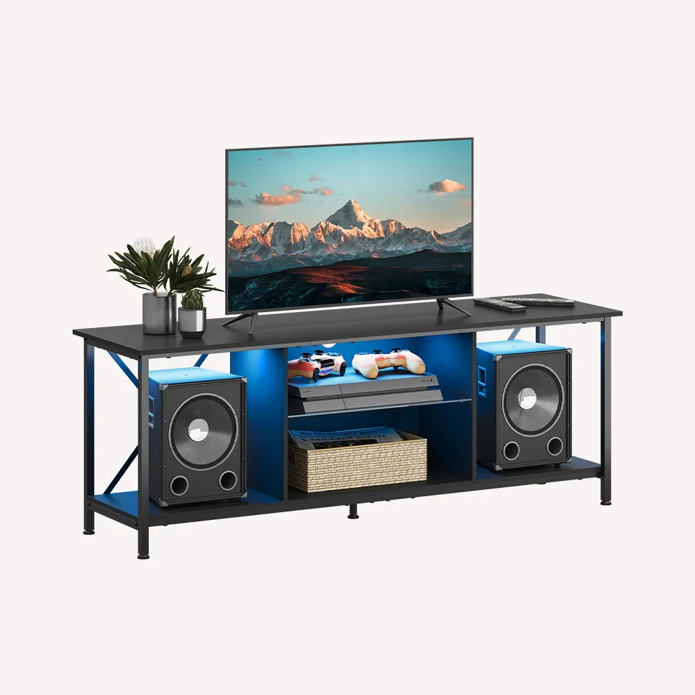 WLIVE Industrial LED TV Stand with Storage Shelves for 65 Inch TV in Black