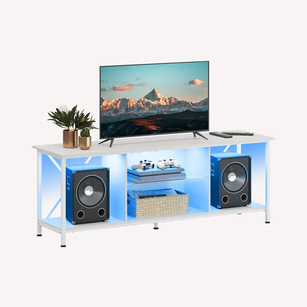WLIVE Industrial LED TV Stand with Storage Shelves for 65 Inch TV in White