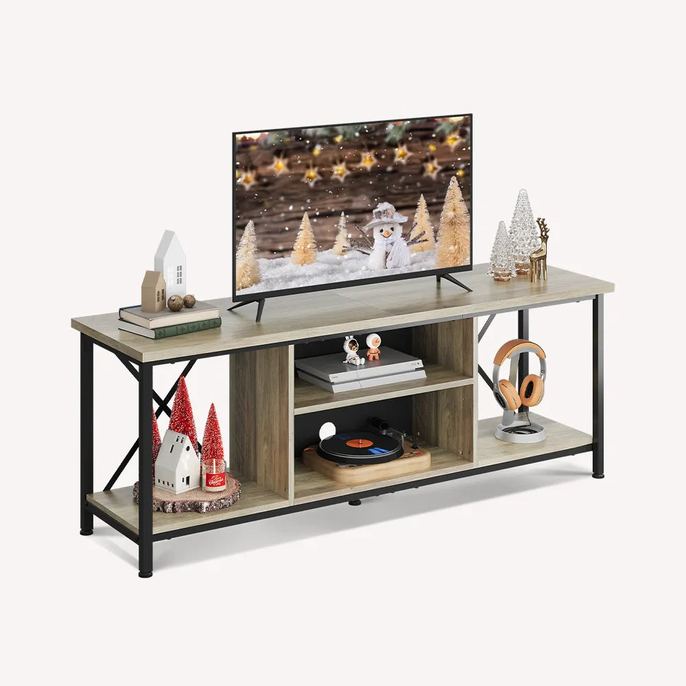 WLIVE Industrial TV Stand with Open Storage Shelves for 65 Inch TV in Greige