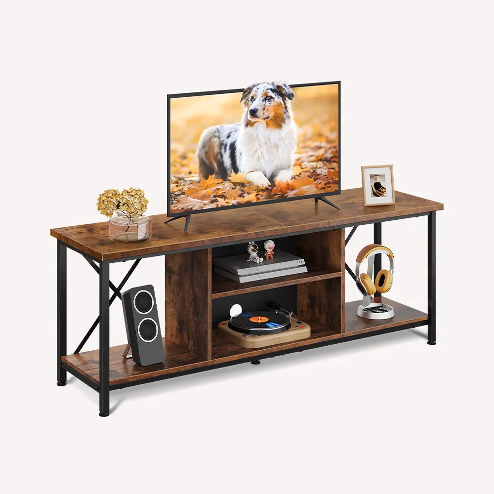 WLIVE Industrial TV Stand with Open Storage Shelves for 65 Inch TV in Rustic Brown