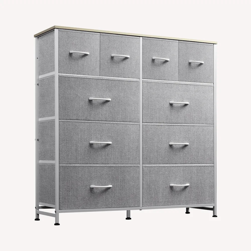Light grey 10-drawer large storage fabric dresser