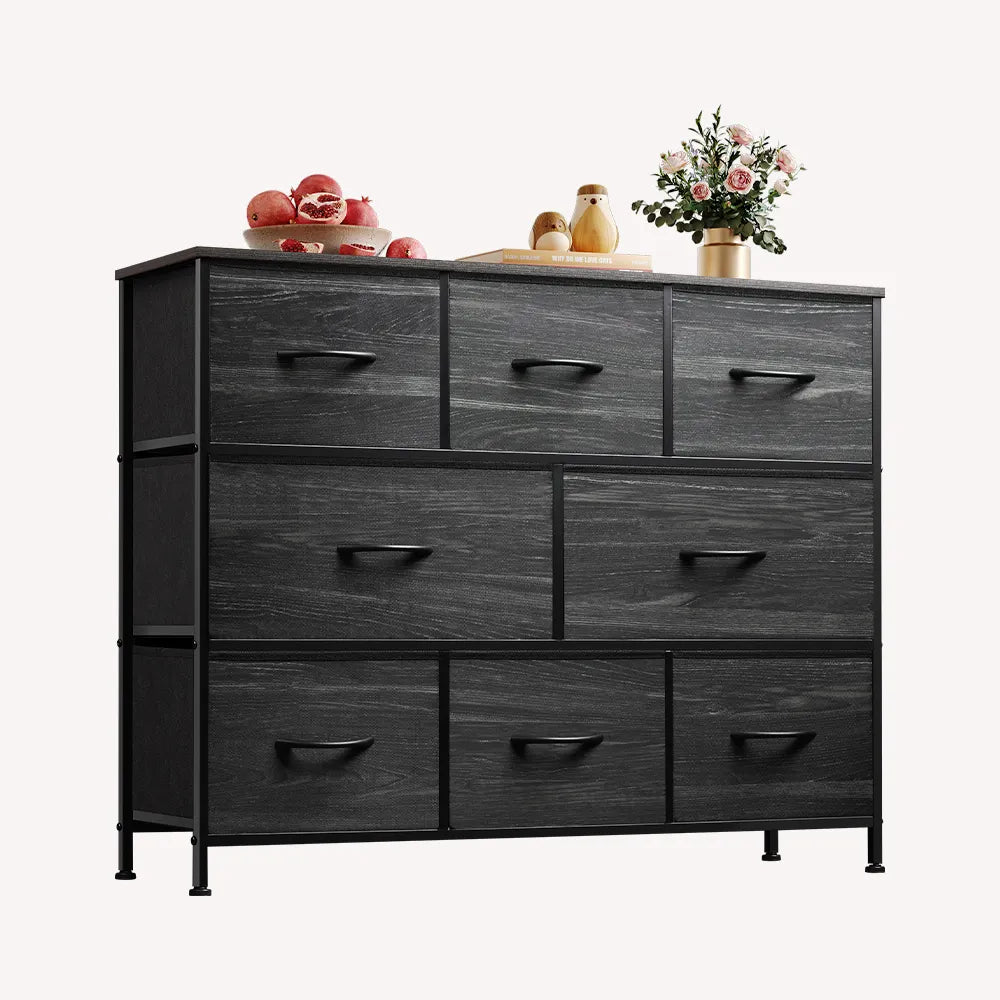 WLIVE Minimalist 8-Drawer Large Storage Fabric Dresser in Charcoal Black Wood Grain