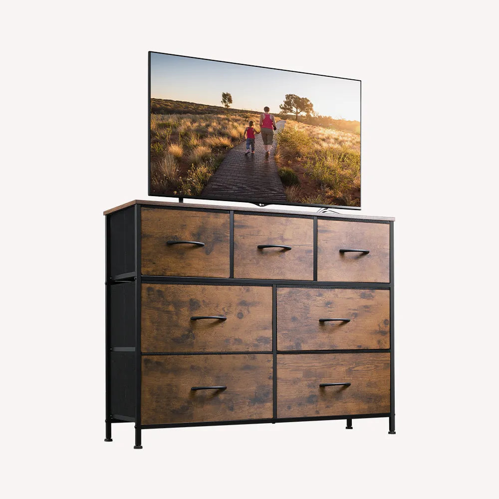 WLIVE Minimalist Fabric 7-Drawer Large Storage Dresser TV Stand in Black and Rustic Brown