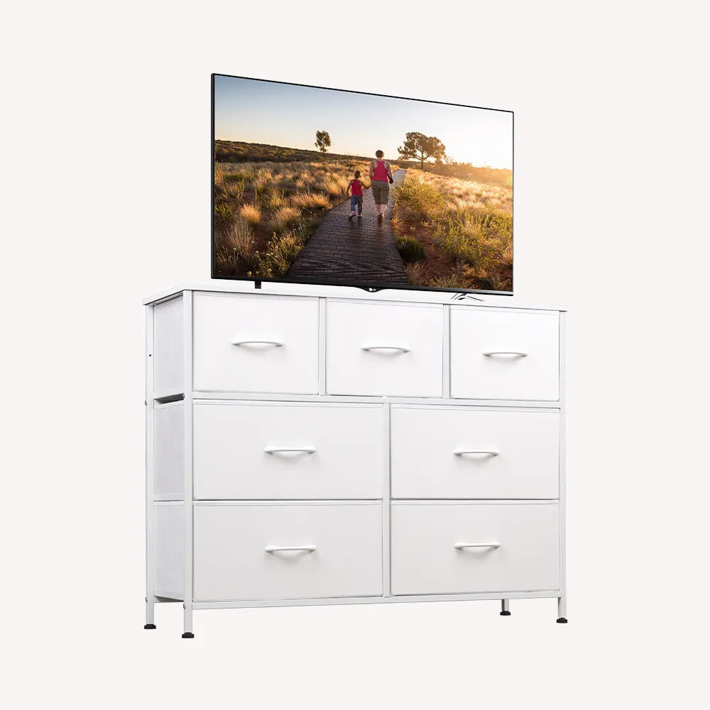 WLIVE Minimalist Fabric 7-Drawer Large Storage Dresser TV Stand in White