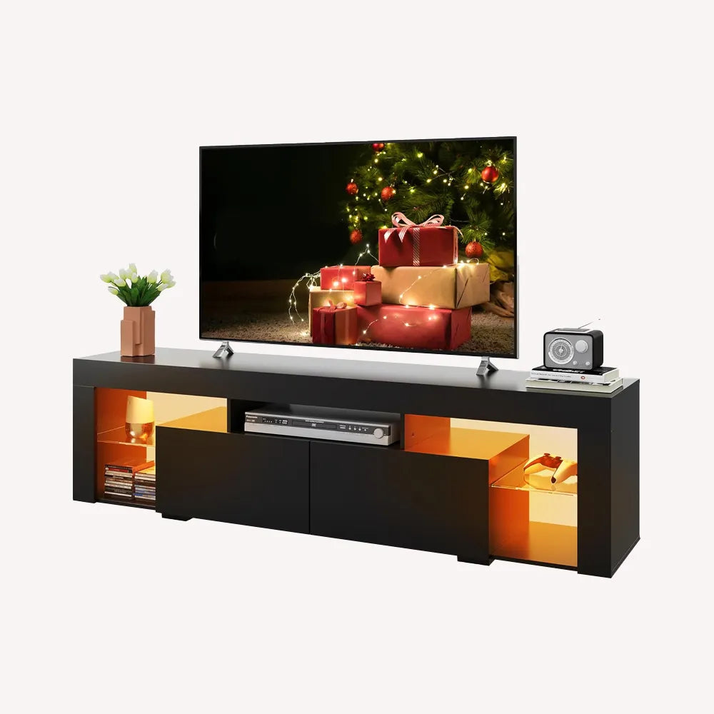 WLIVE Modern LED TV Stand with Glass Shelves for 70 Inch TV in Black