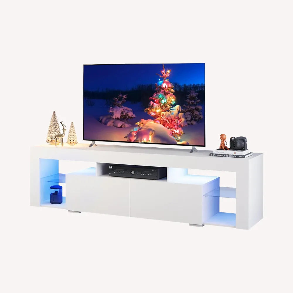 WLIVE Modern LED TV Stand with Glass Shelves for 70 Inch TV in White