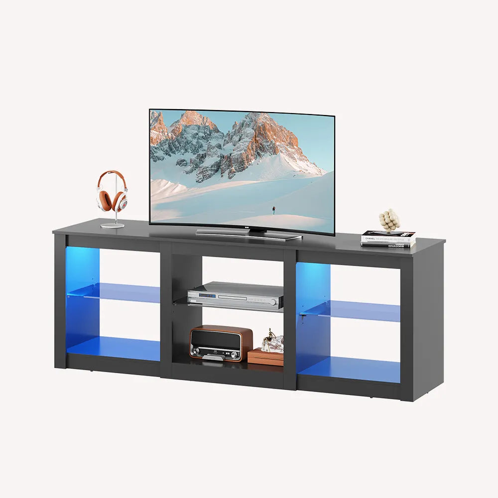 WLIVE Modern Storage LED TV Stand with Glass Shelves in Black