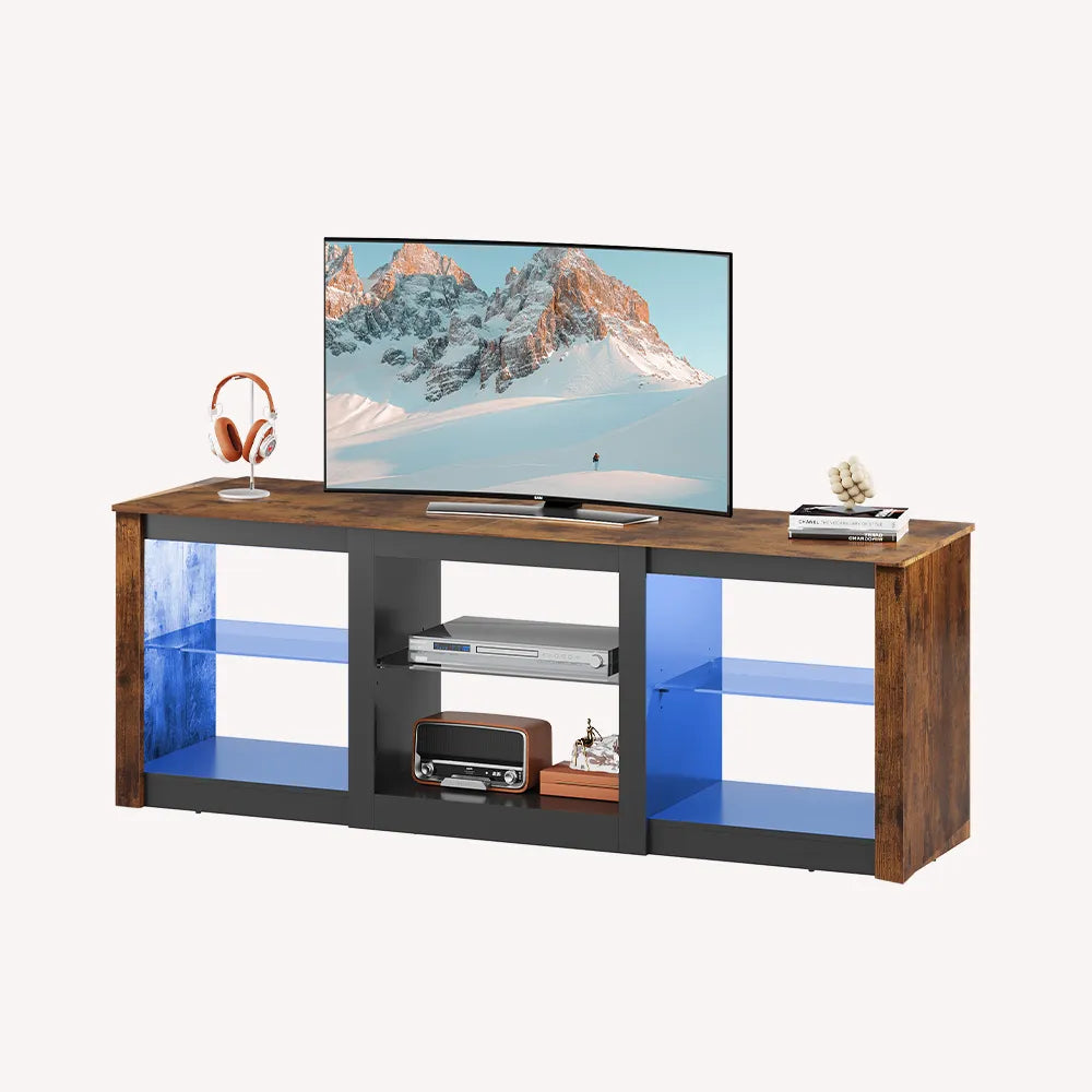 WLIVE Modern Storage LED TV Stand with Glass Shelves in Rustic Brown