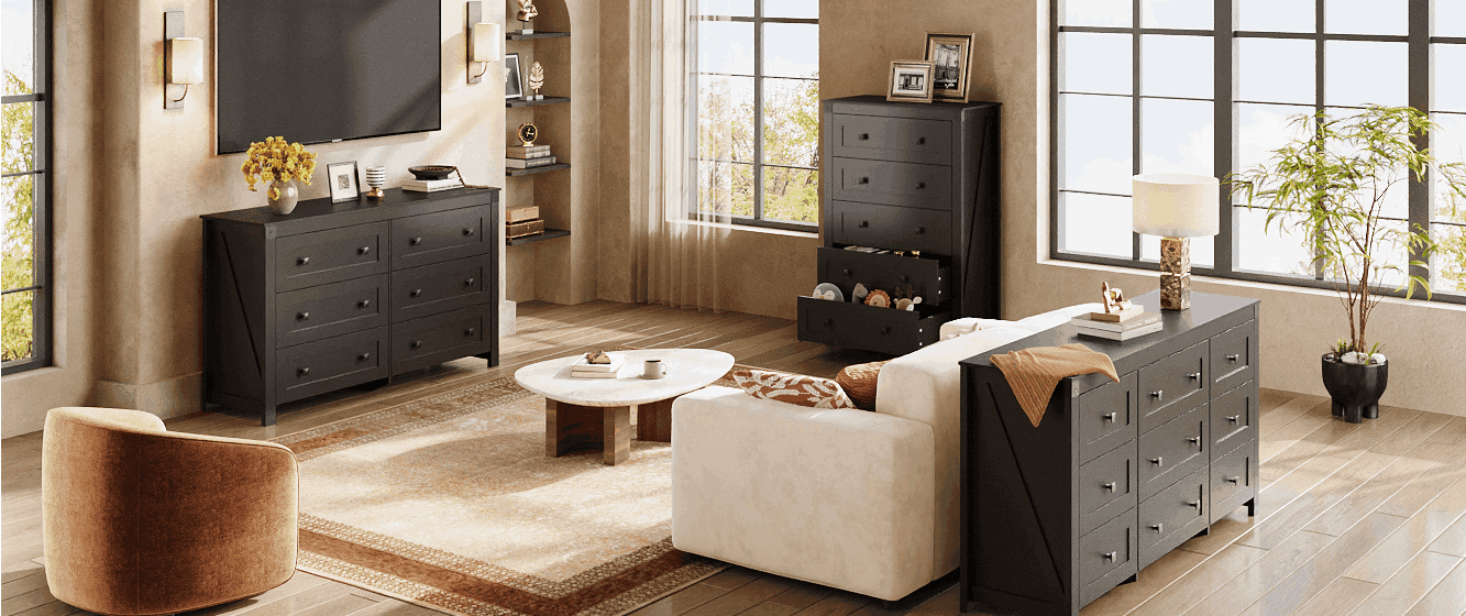 living room with wlive wood dressers and chests