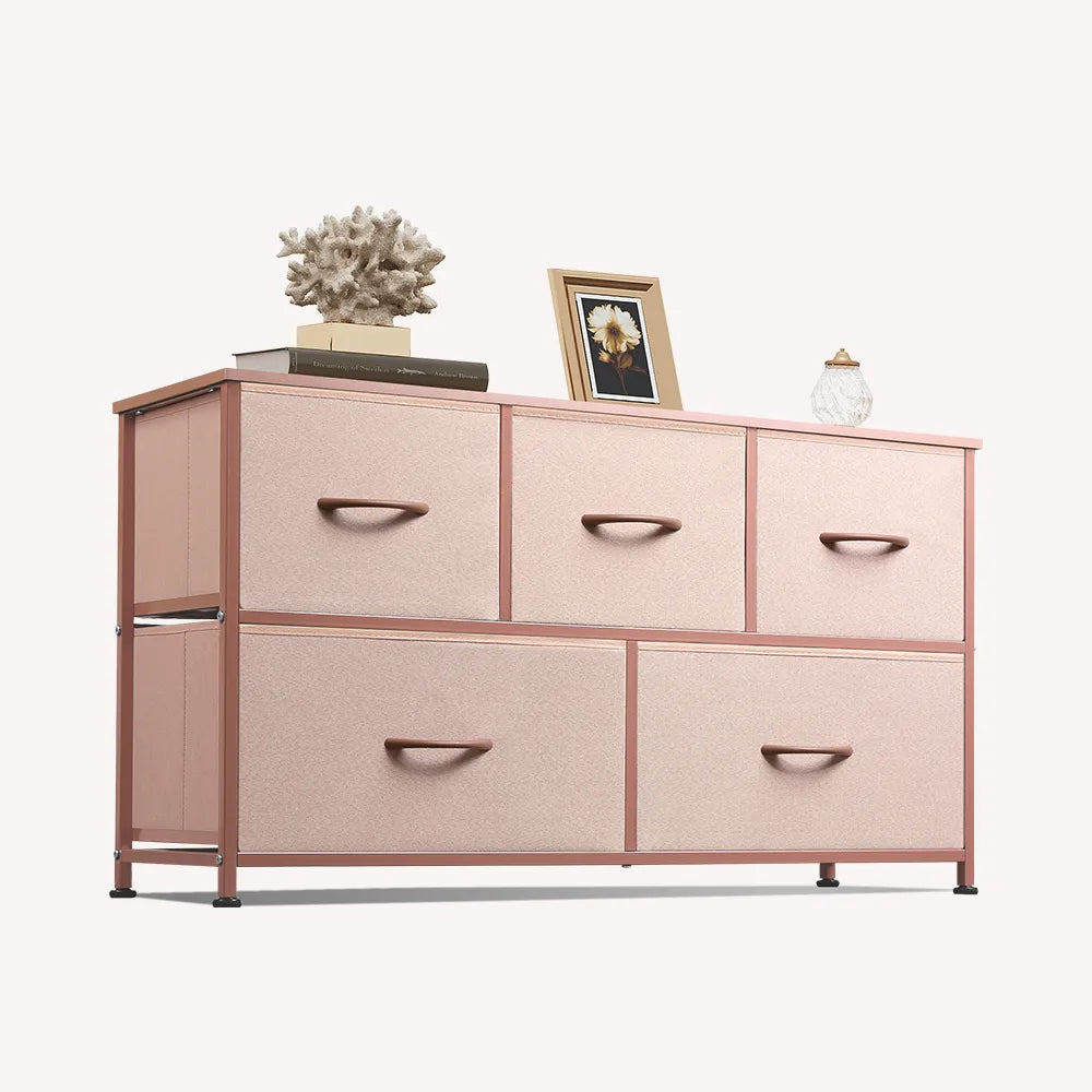 WLIVE 5-drawer fabric dresser in pink and rose gold