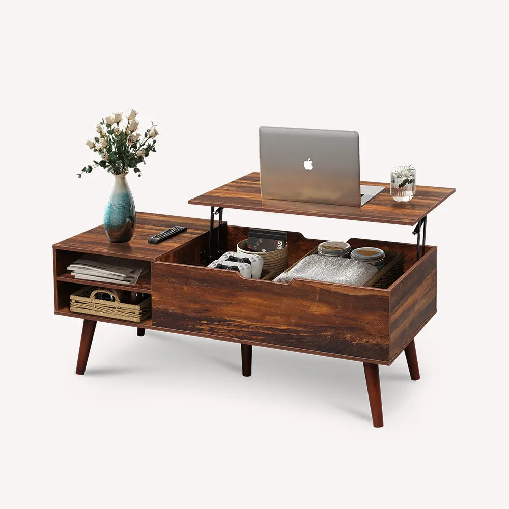 Retro Brown WLIVE Mid Century Modern Wood Lift Top Coffee Table with bookshelves