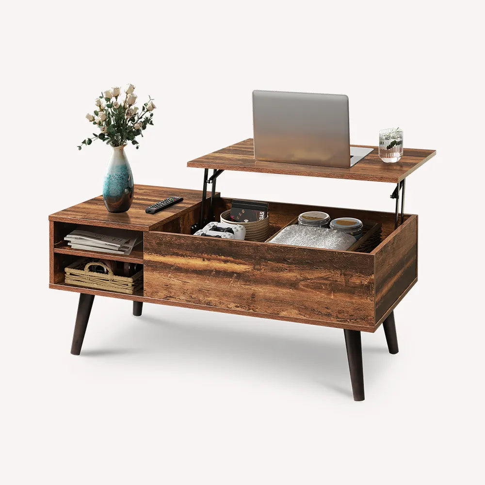Retro Brown WLIVE Mid Century Modern Wood Lift Top Coffee Table with bookshelves