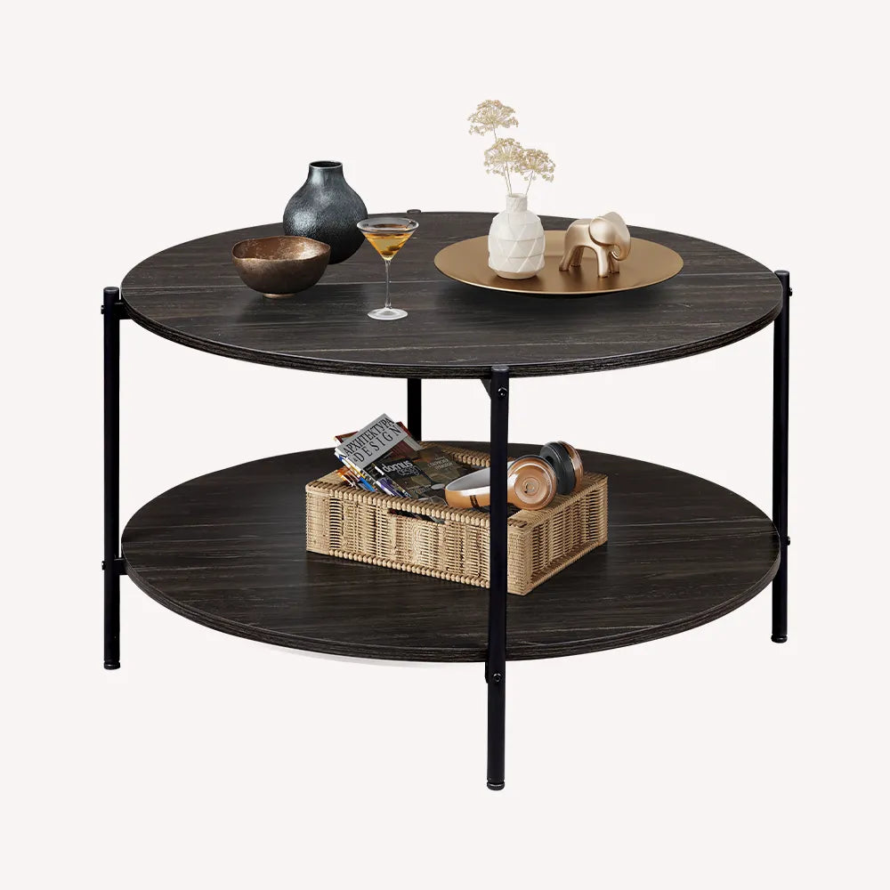WLIVE round industrial coffee table with storage in charcoal black