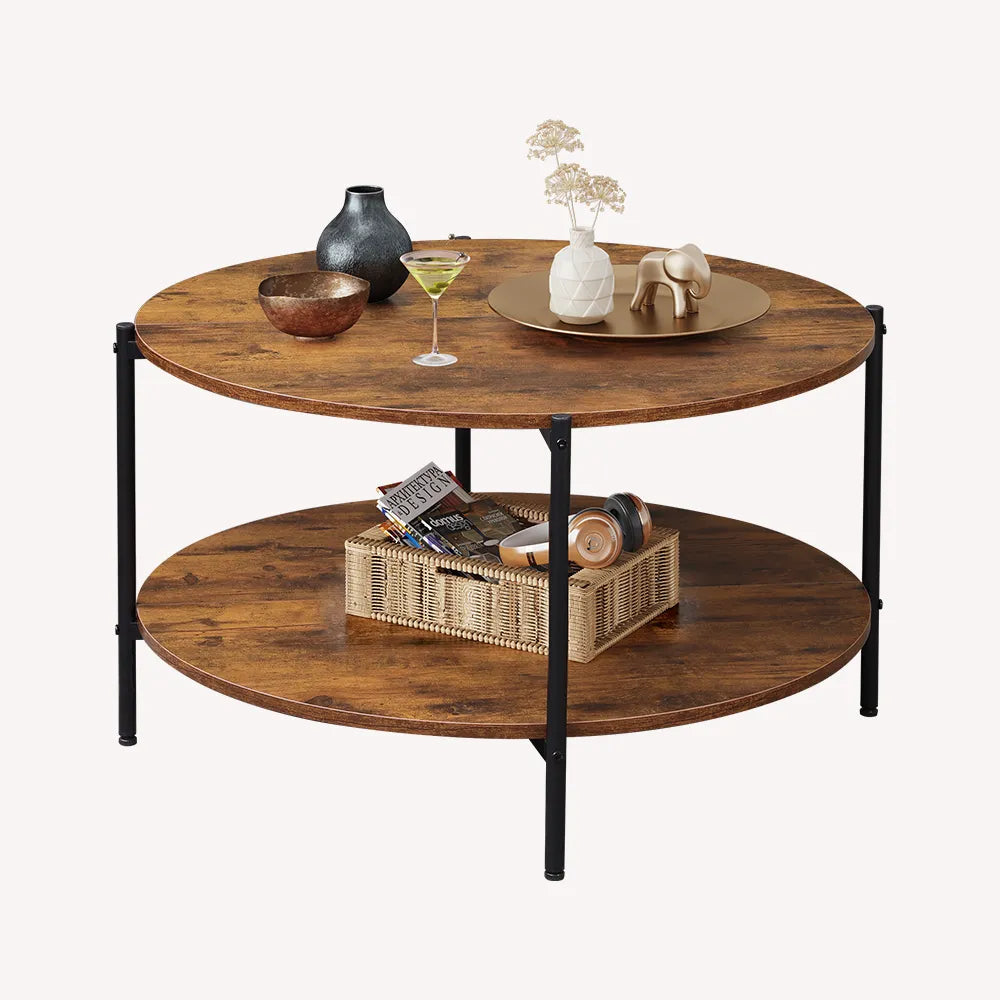 Wlive round industrial coffee table with storage in rustic brown