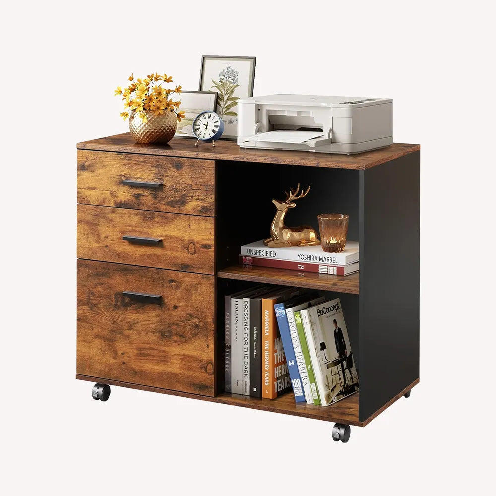 Rustic brown 3-drawer wood file cabinet with open storage shelves