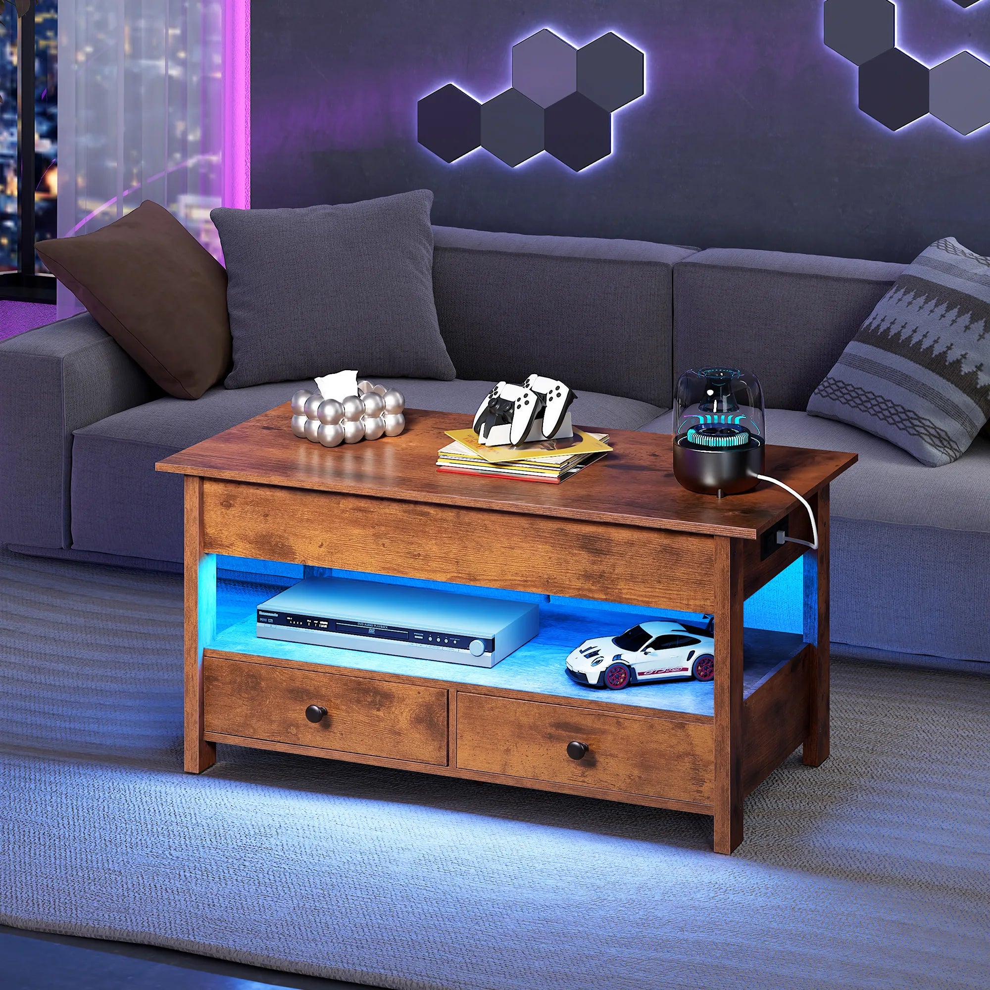 WLIVE Lift Top Coffee Table with 2 Drawers and LED light