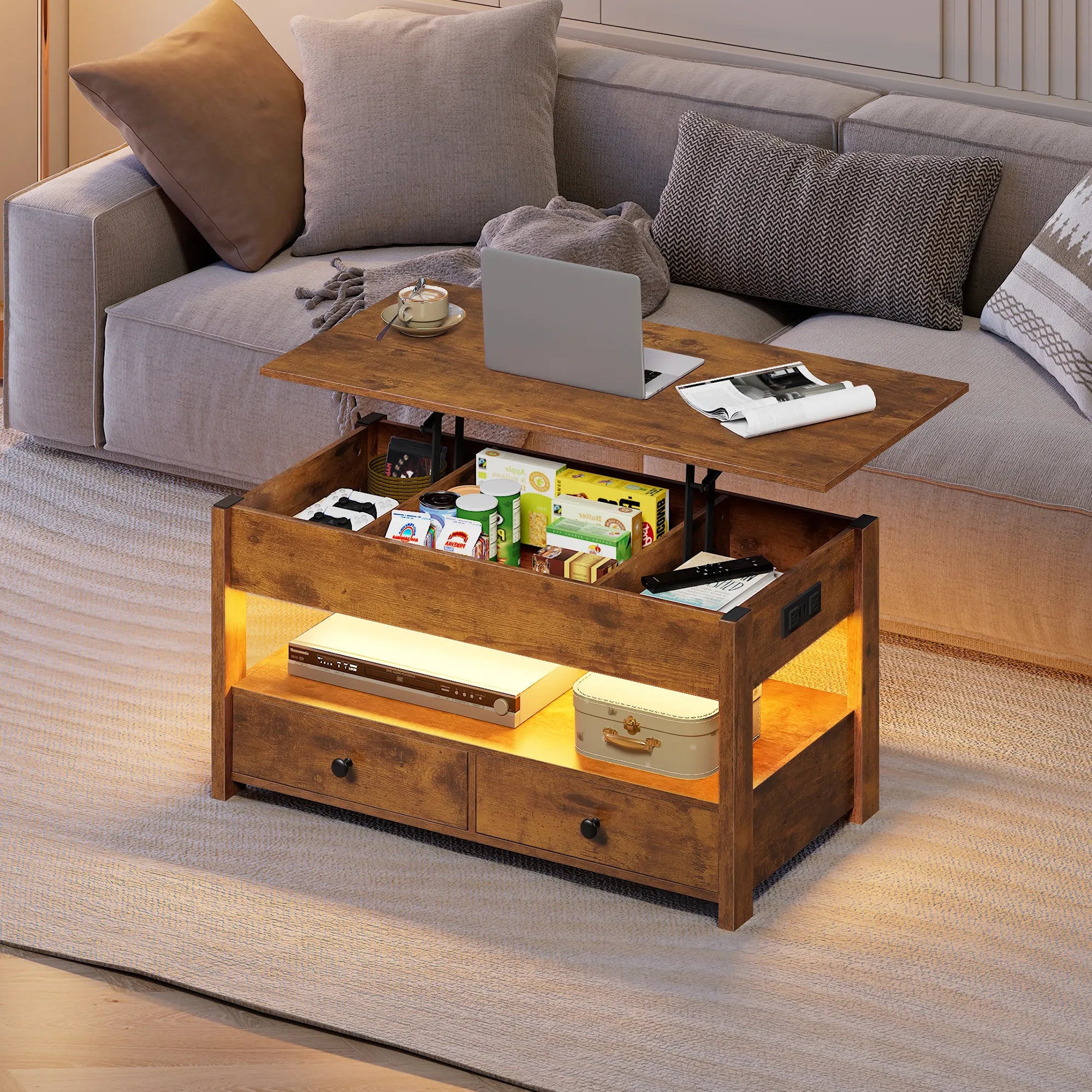 WLIVE Lift Top Coffee Table with 2 Drawers and LED light