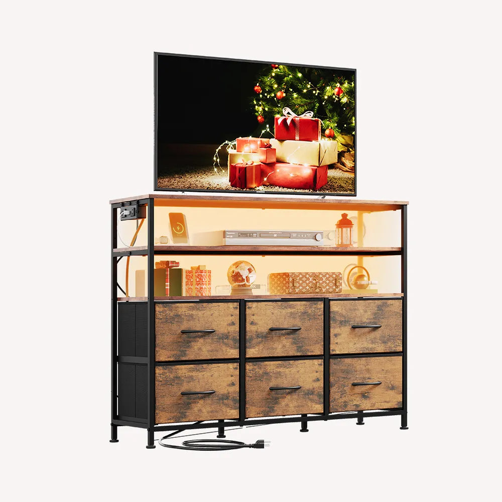 WLIVE White Minimalist 6-Drawer LED Large Storage Fabric Dresser TV Stand