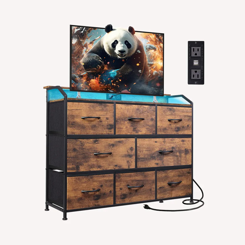 WLIVE Rustic Brown Minimalist 8-Drawer LED Large Storage Fabric Dresser TV Stand