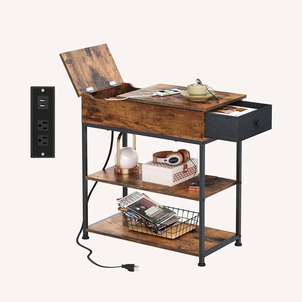 Rustic Brown WLIVE Small Wood Storage Side Table with Charging Station
