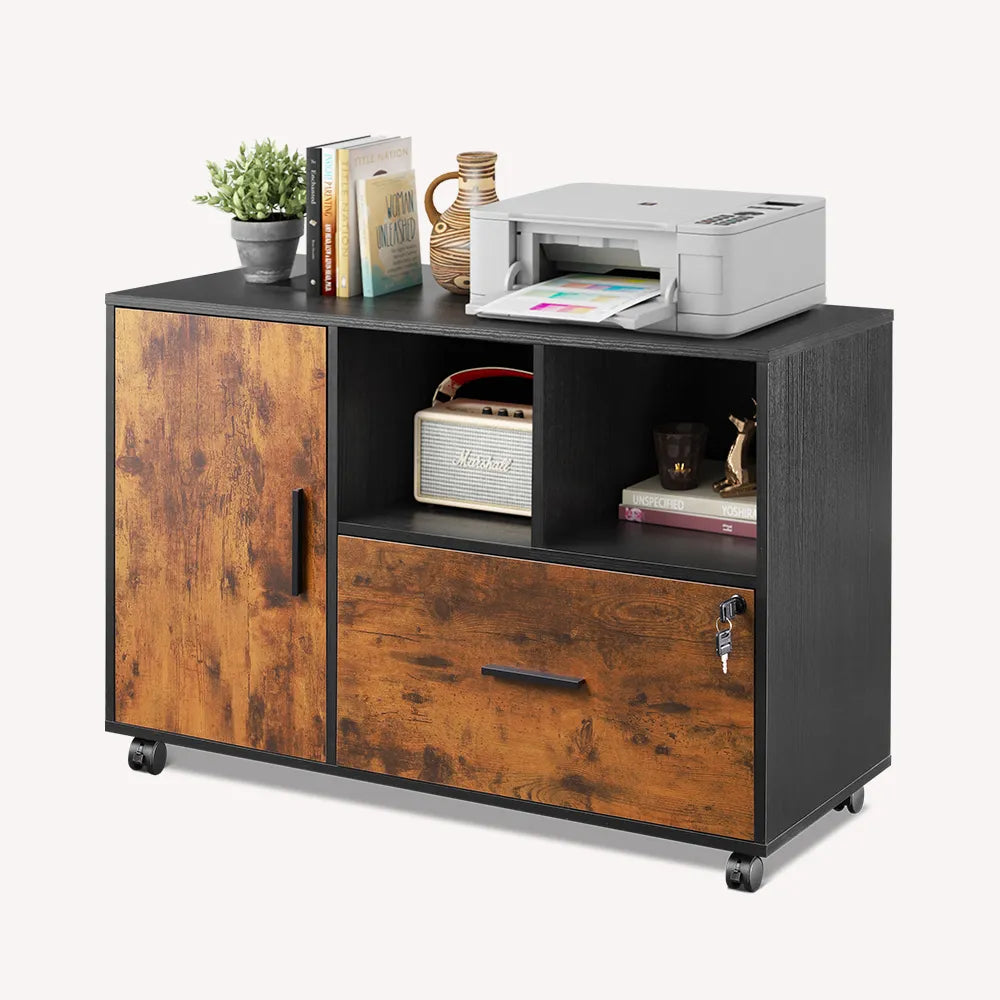 Rustic brown wood file cabinet with charging station