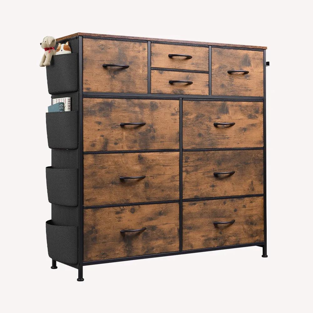 WLIVE rustic brown wood grain 10 drawer fabric dresser with side pockets and hooks