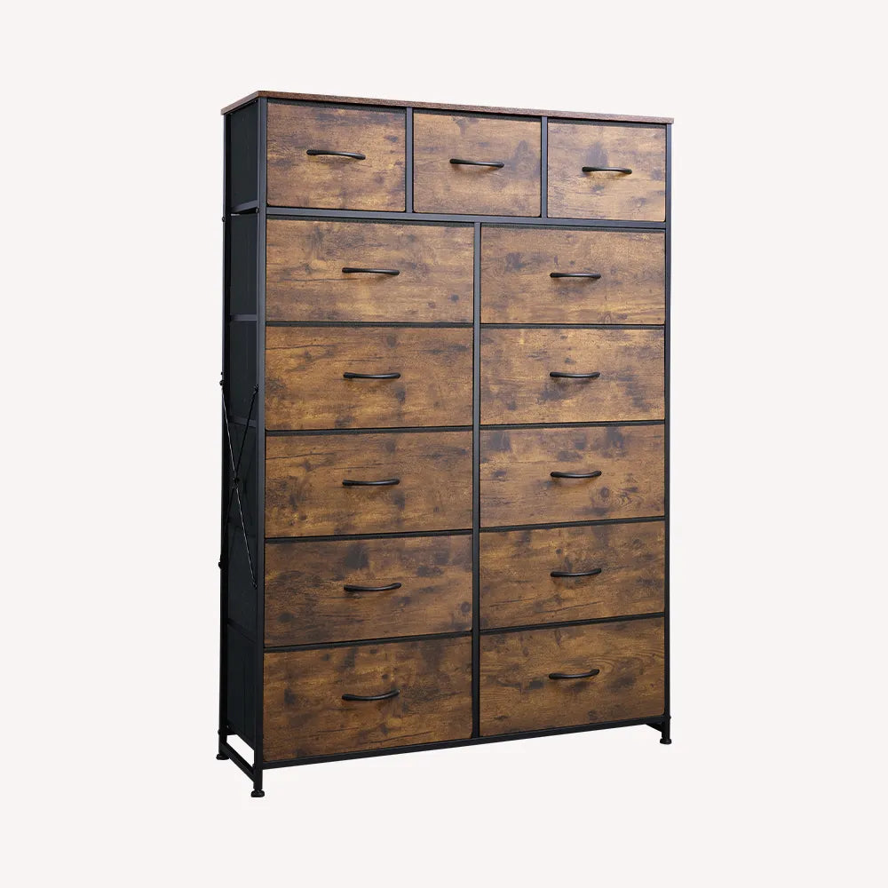 WLIVE Extra Large Storage Tall 13-Drawer Fabric Dresser in Rustic Brown Wood Grain Print