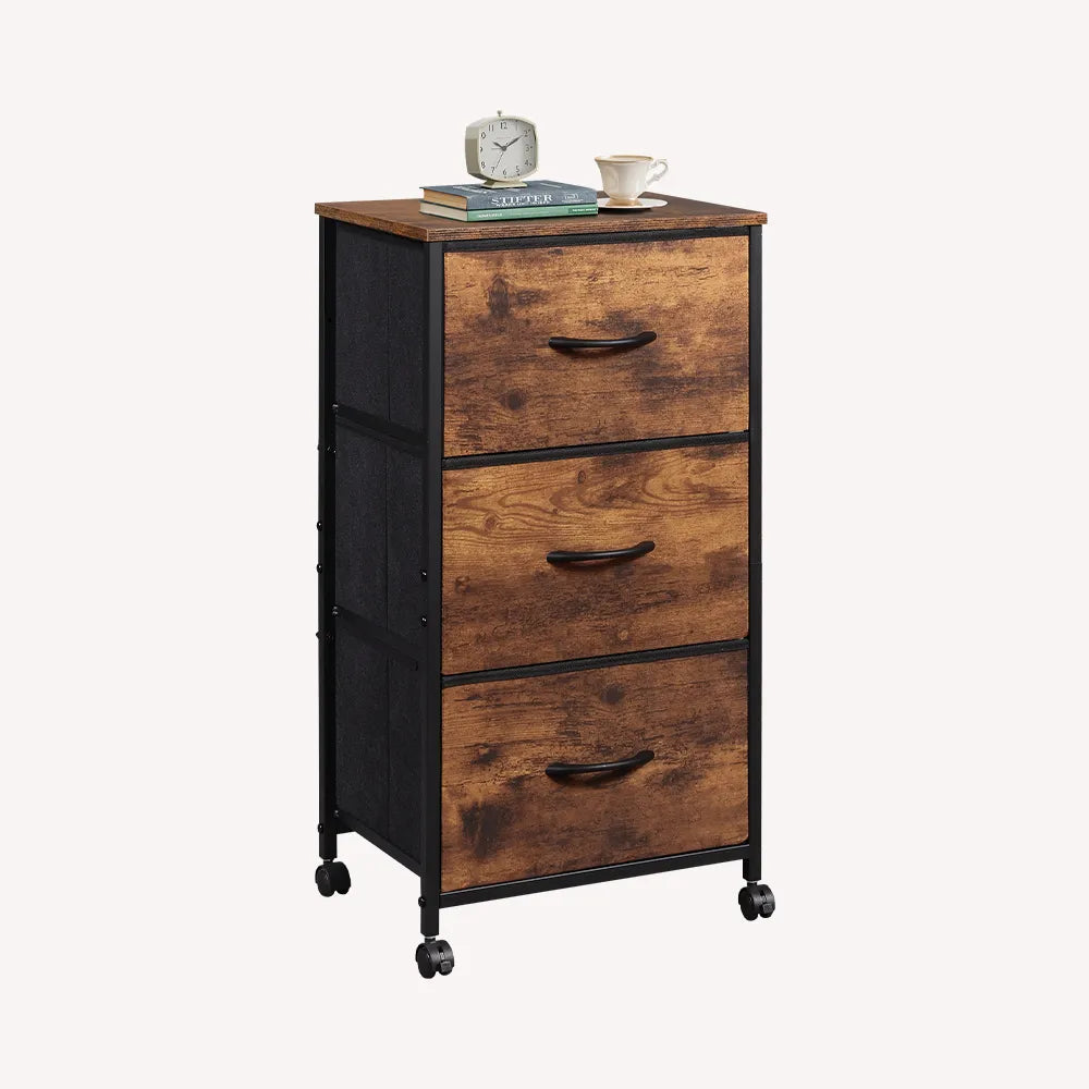 WLIVE Minimalist 3-Drawer Fabric Storage Nightstand in Rustic Brown Wood Grain Print with Wheels