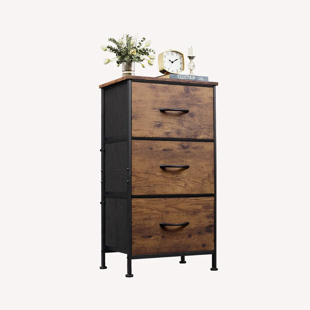 WLIVE Minimalist 3-Drawer Fabric Storage Nightstand in Rustic Brown Wood Grain Print