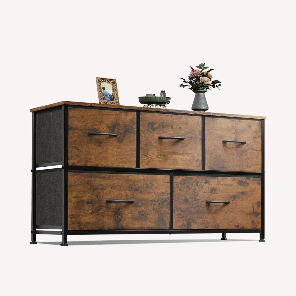 WLIVE 5-drawer fabric dresser in rustic brown wood grain print
